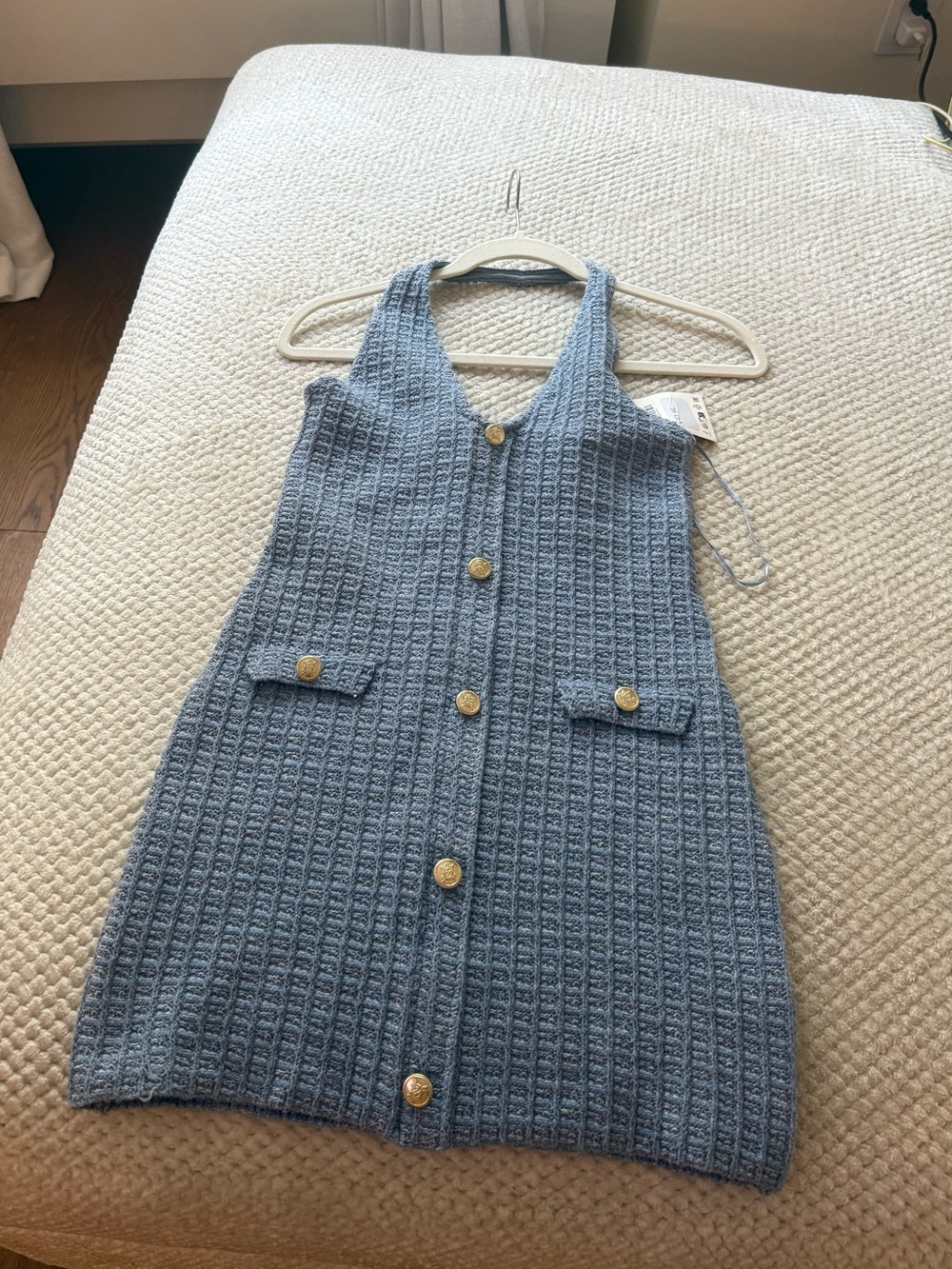 Sleeveless Button-Front Blue Knit Mini Dress - Picture 2 of 3